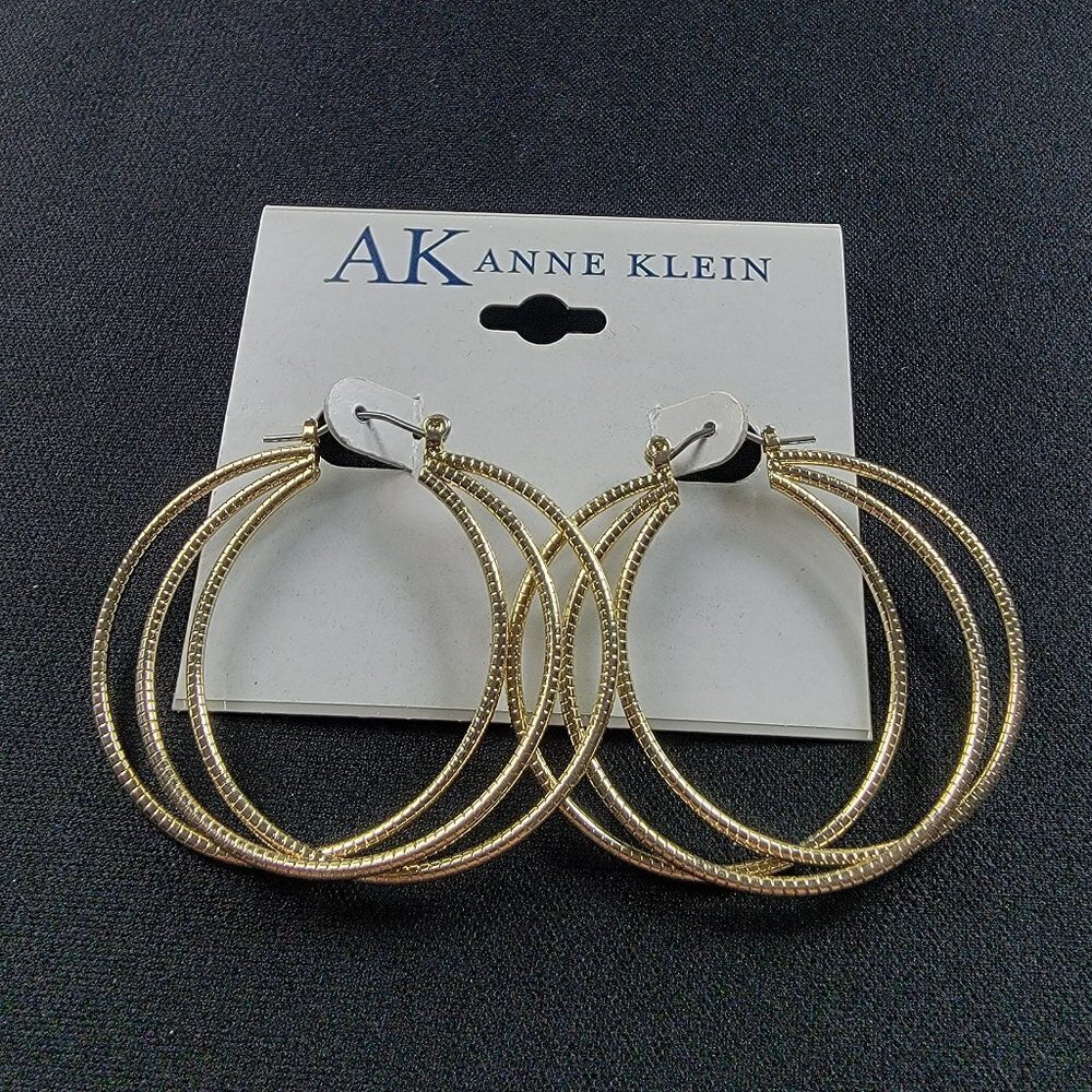 AK Anne Klein Three-Strand Hoop Earrings In Gold Tone Pierced Latch Back